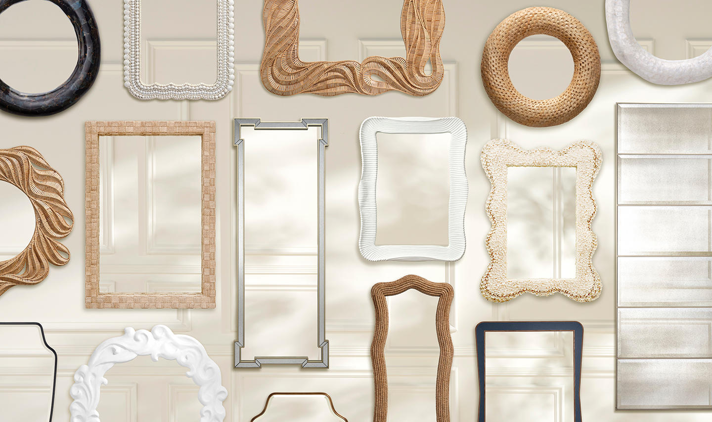A collage of various stylish mirror frames on a beige wall, including round, rectangular, and wavy designs in woven, metallic, and wooden textures.