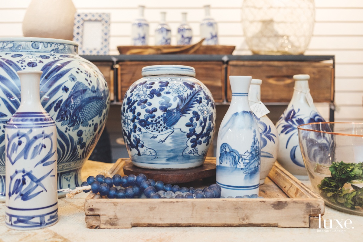 Treasures in the store include blue-and-white ceramics.