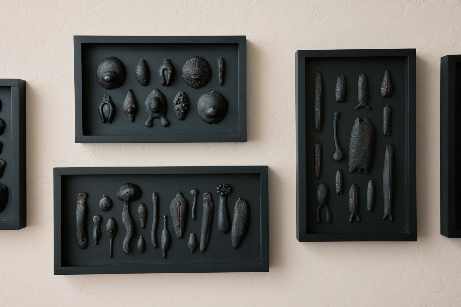 Three framed black panels with black botanical sculptures inside.