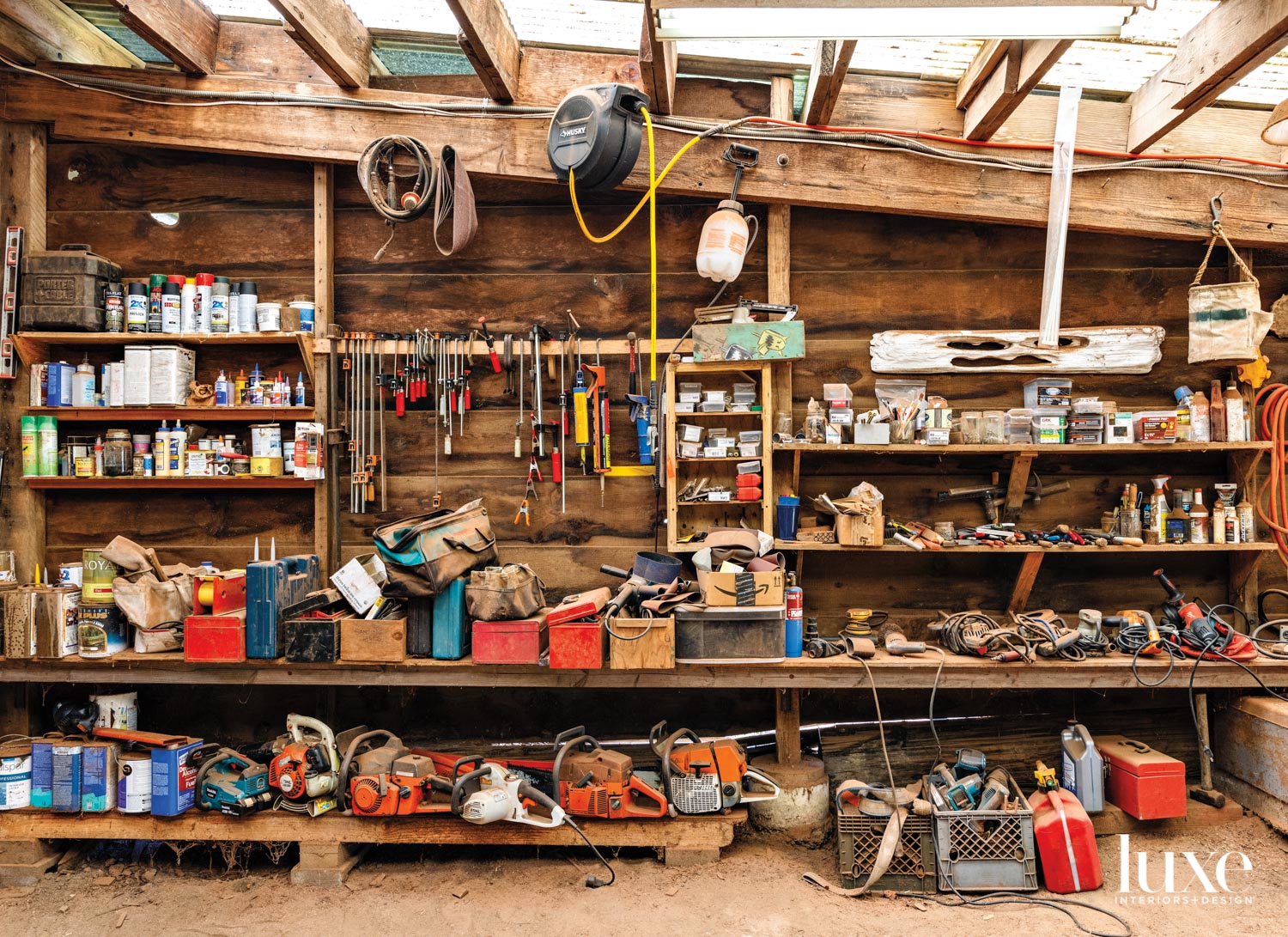 A workbench is filled with tools.