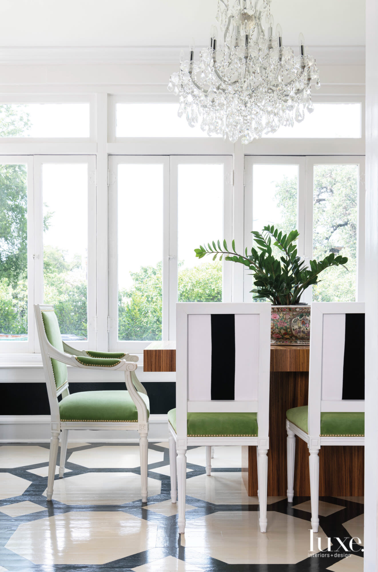 Bright dining room with painted floor