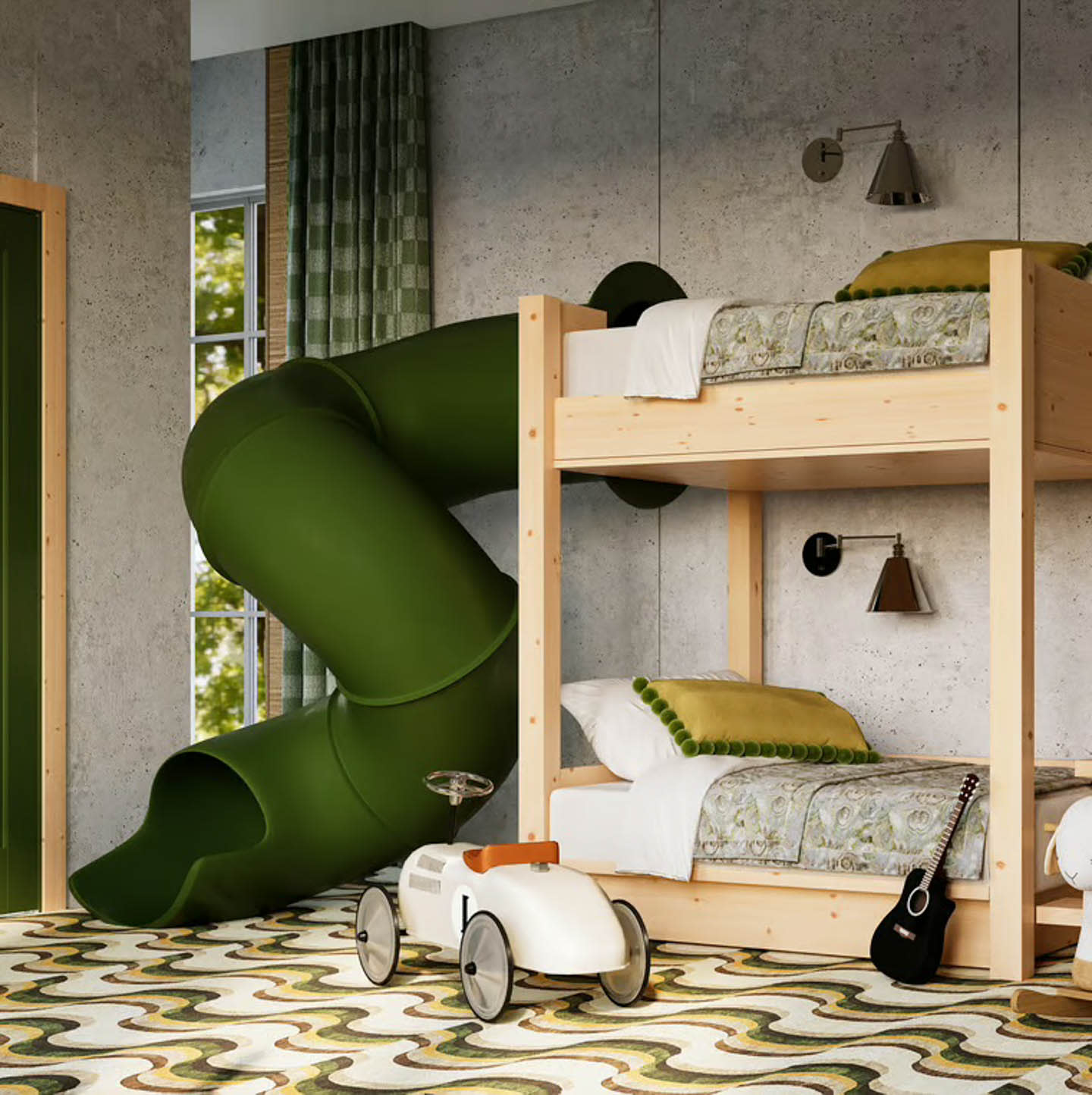 A vibrant bedroom with colorful bunk beds and a green slide, perfect for children’s fun and relaxation.
