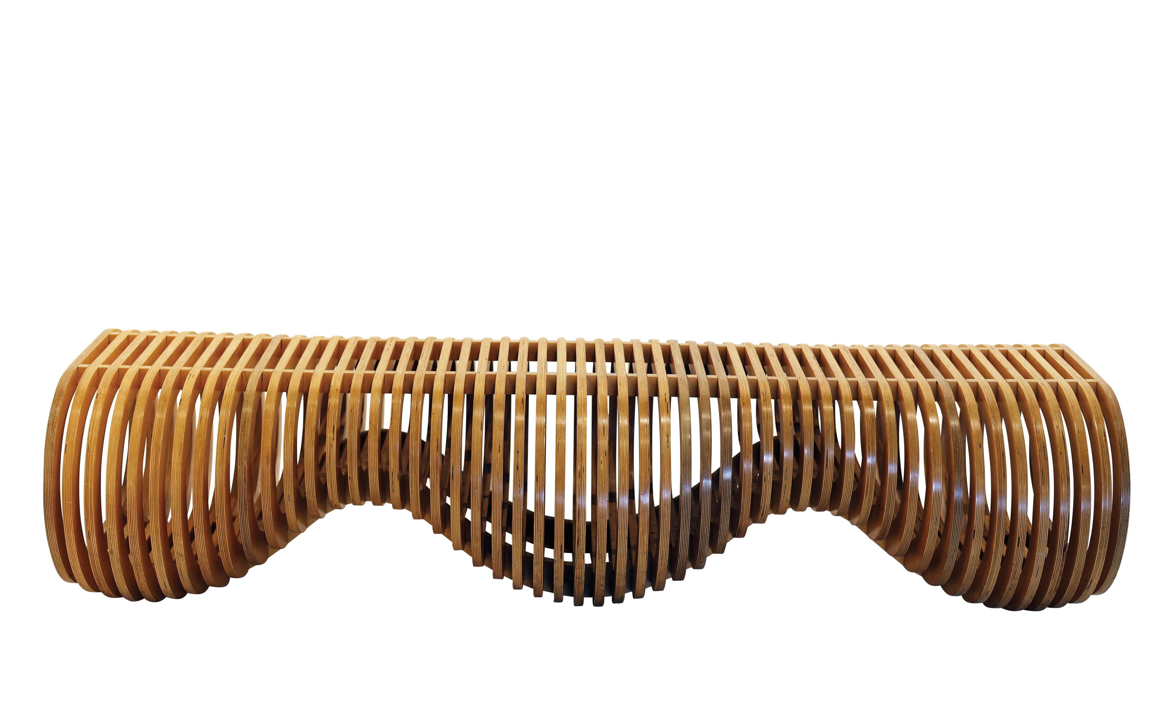 wavy slat bench in a light wood 