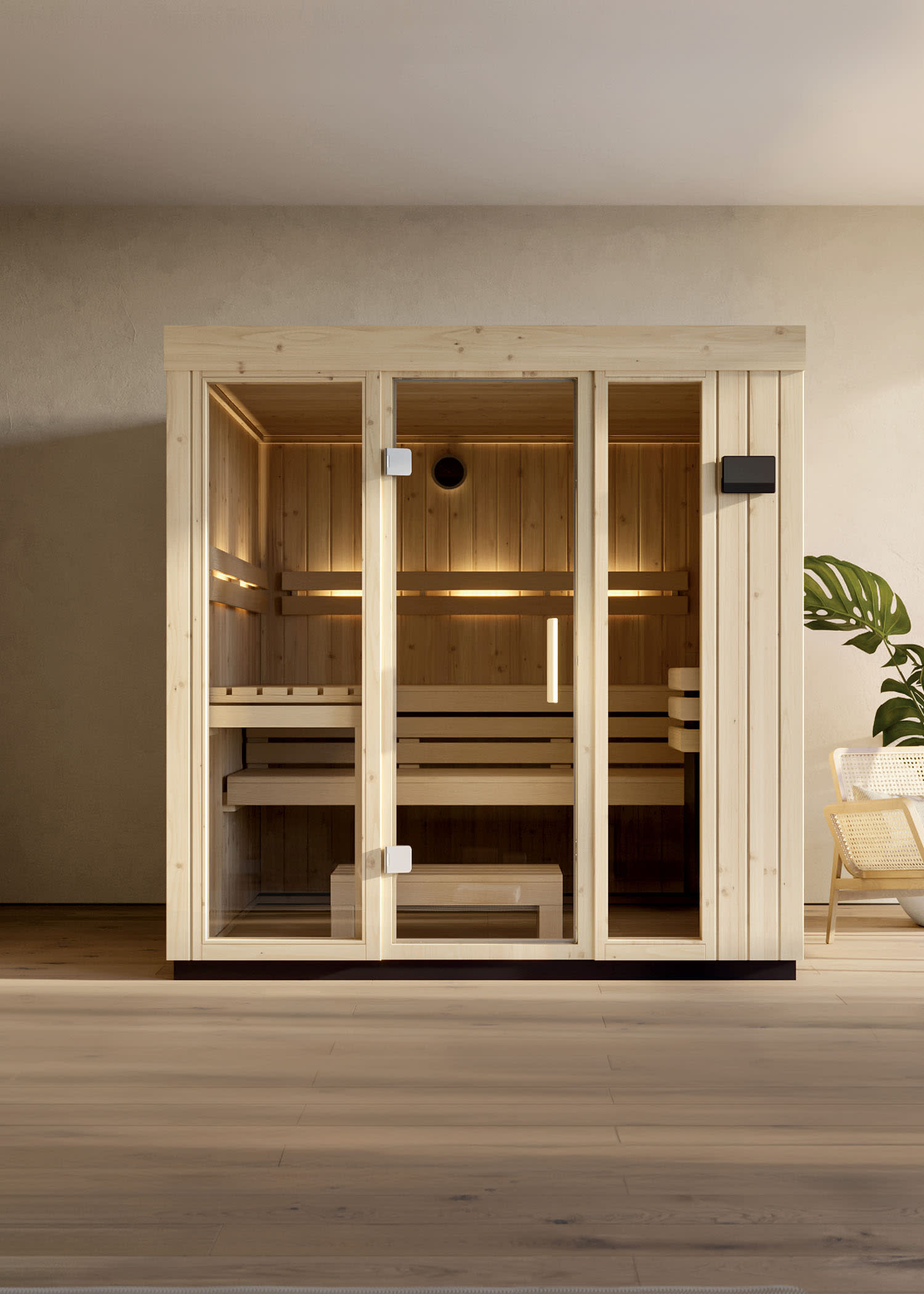 An at-home sauna with a white wood exterior, glass walls and an interior bench with foot stool.