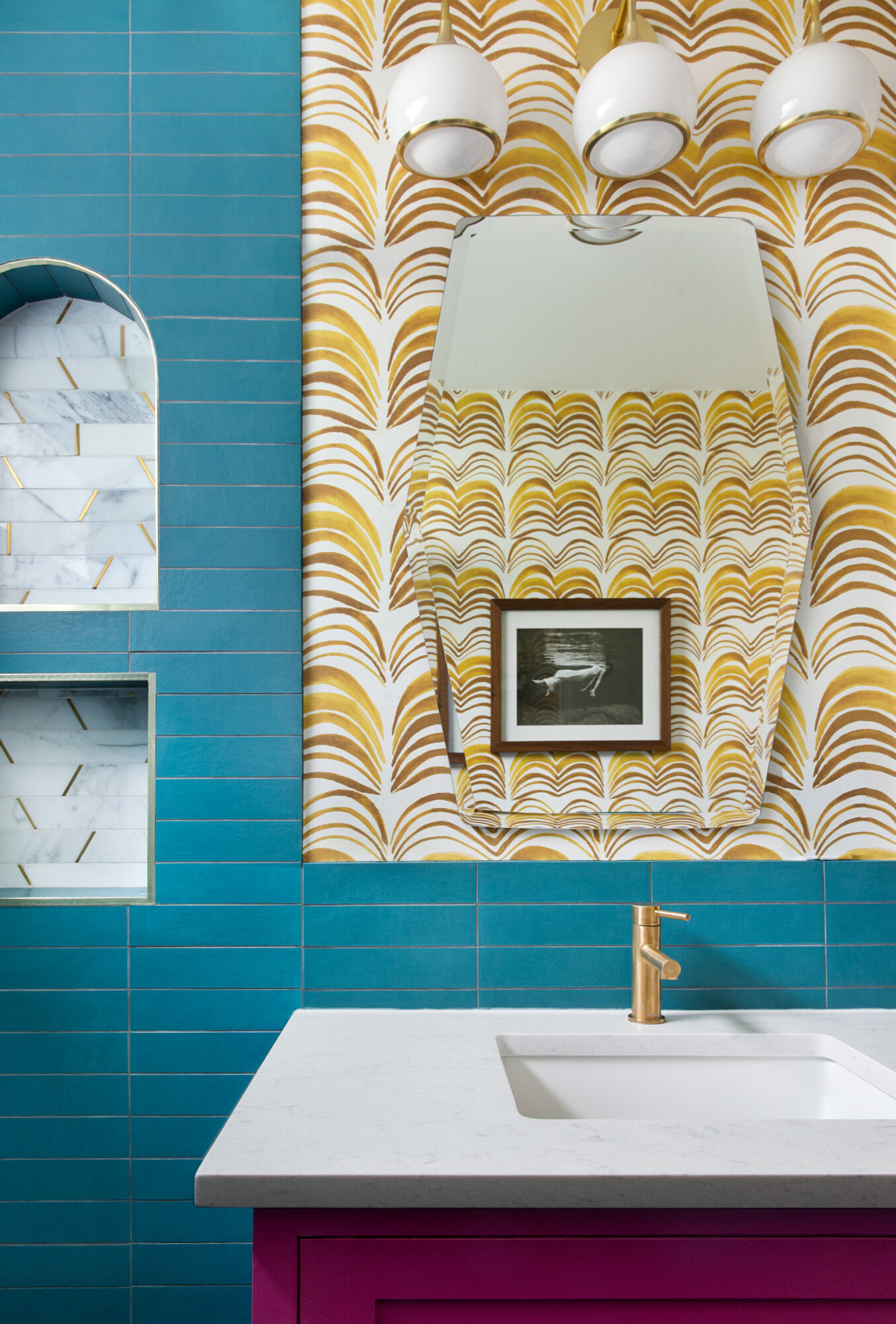 teal and swirled wallpaper bathroom