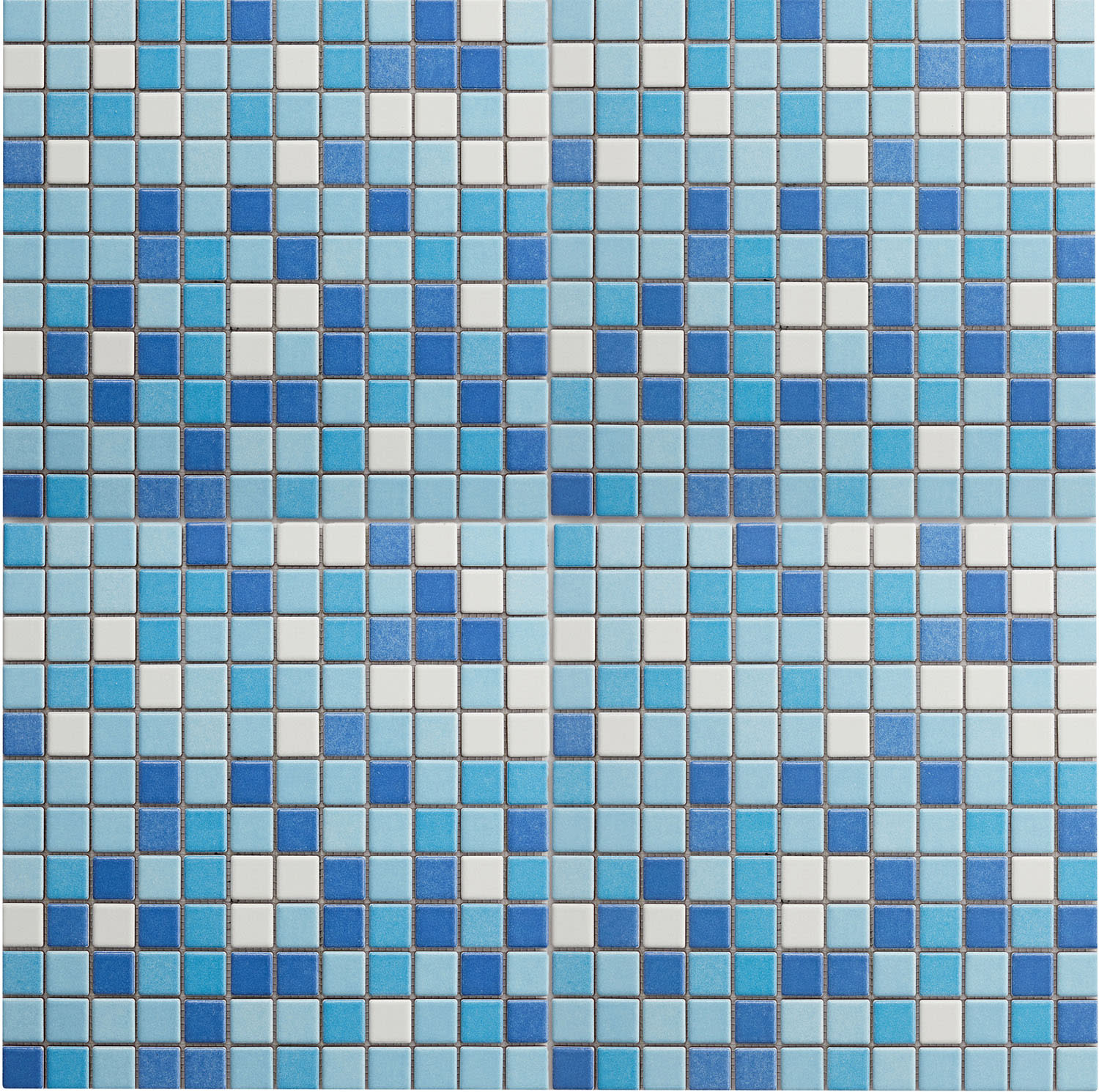 Patterned blue mosaic tiles with geometric design featuring light and dark blue shades, and white squares. The arrangement creates a calming, aquatic vibe.