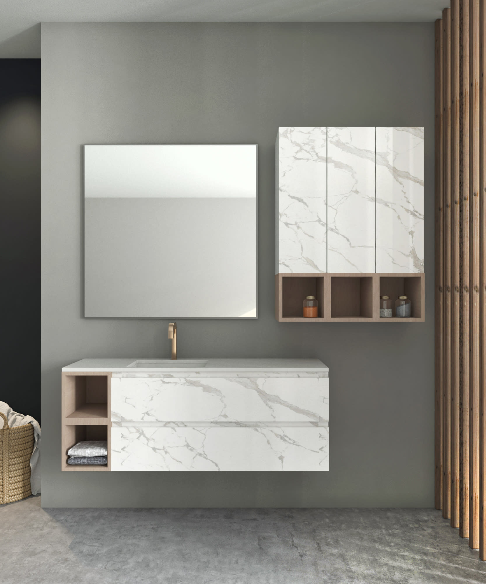 Modern bathroom design featuring a floating vanity