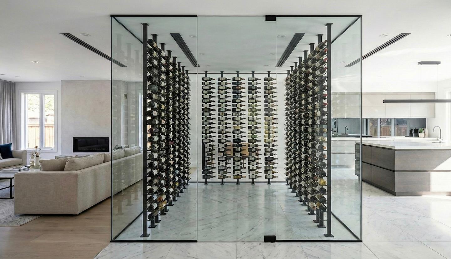 A modern living space with a central glass wine cellar showcasing rows of wine bottles. The room features a cozy beige sofa, fireplace, and sleek kitchen.