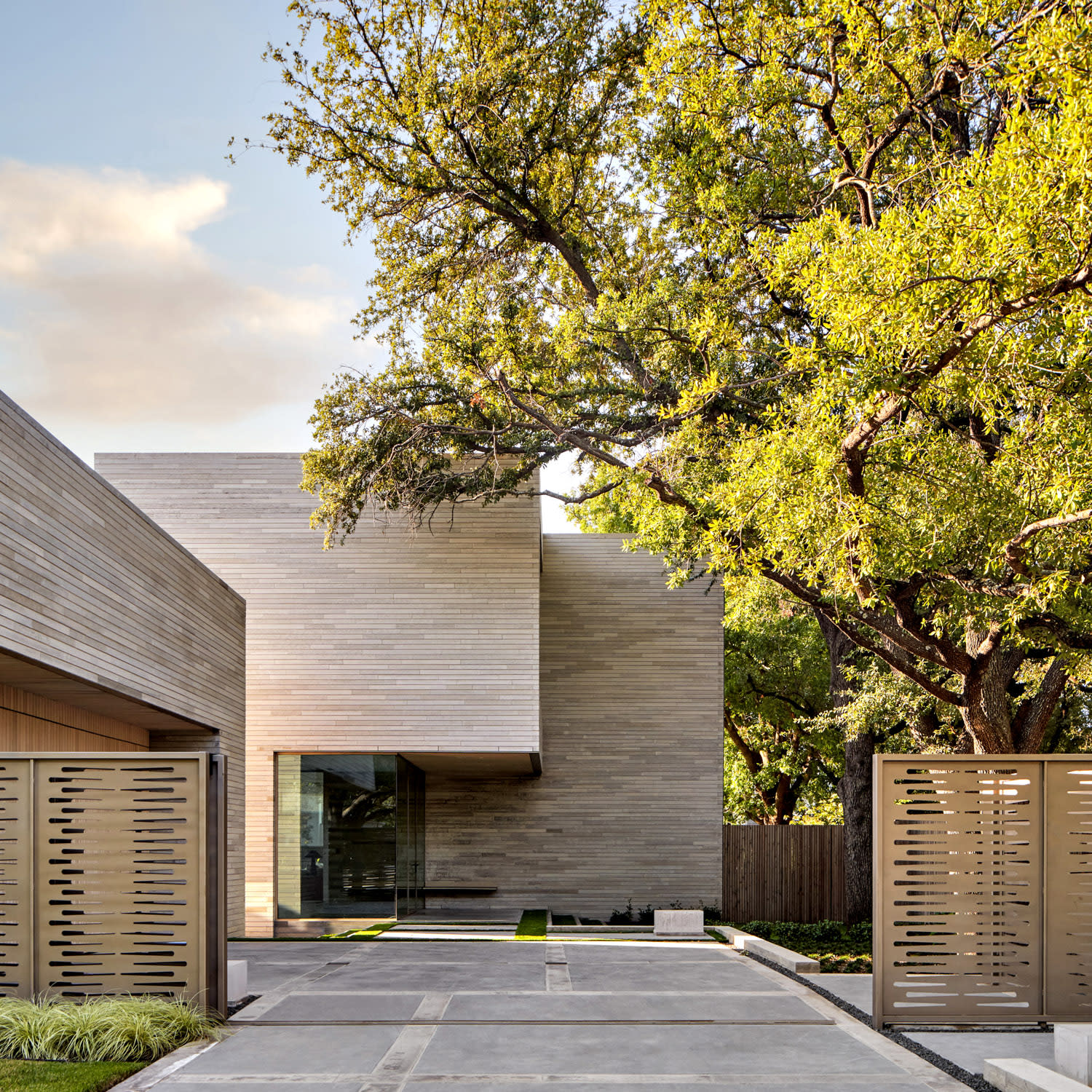 modern home with driveway and wood exterior near large tree