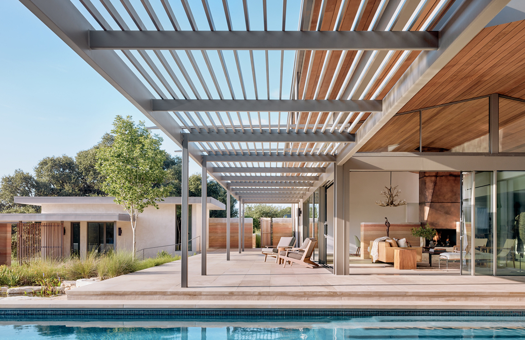 modern exterior pool and sitting area