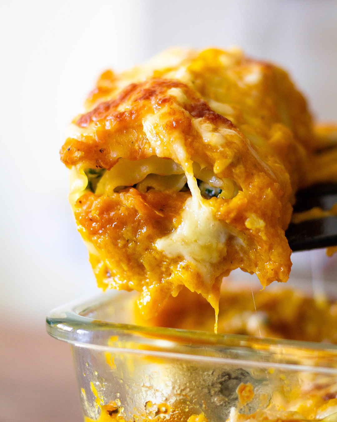 Rollos de lasagna con ayote, queso ricotta y espinaca