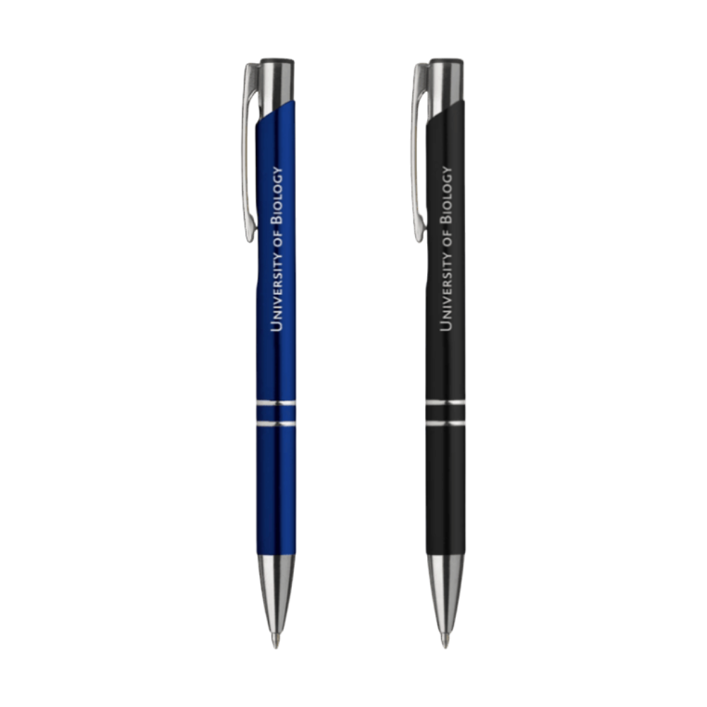 Two ebony matte ballpoint pens in blue and black with engraved University of Biology text and silver clip