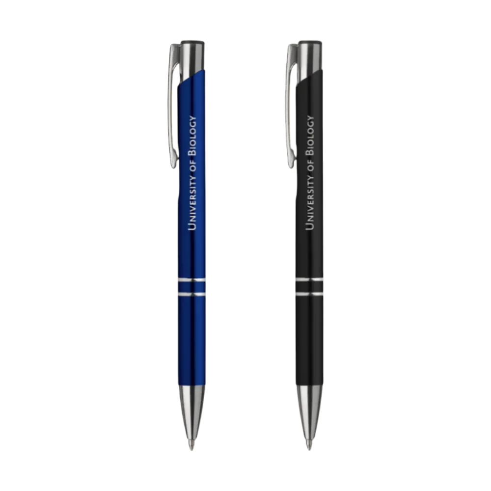 Due penne a sfera ebony opache in blu e nero con scritta University of Biology incisa e clip argentata