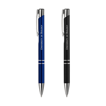 Zwei matte Ebony-Kugelschreiber in Blau und Schwarz mit eingraviertem University of Biology Schriftzug und silbernem Clip