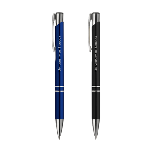 Two ebony matte ballpoint pens in blue and black with engraved University of Biology text and silver clip