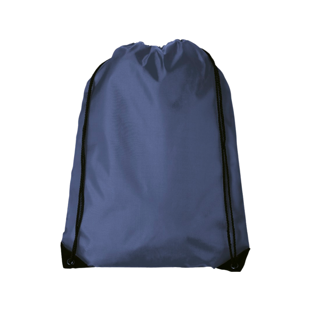 Marineblauwe polyester rugzak met trekkoord en zwarte versterkte hoeken