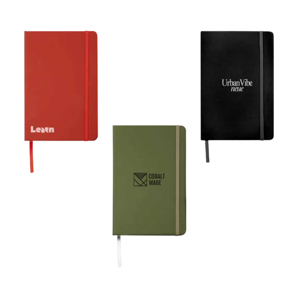 Three Spectrum A5 notebooks in red, green and black printed with sample brand logos