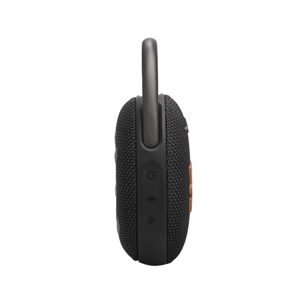 Vue de face de l'enceinte Bluetooth JBL Clip 5 noire avec façade en tissu texturé