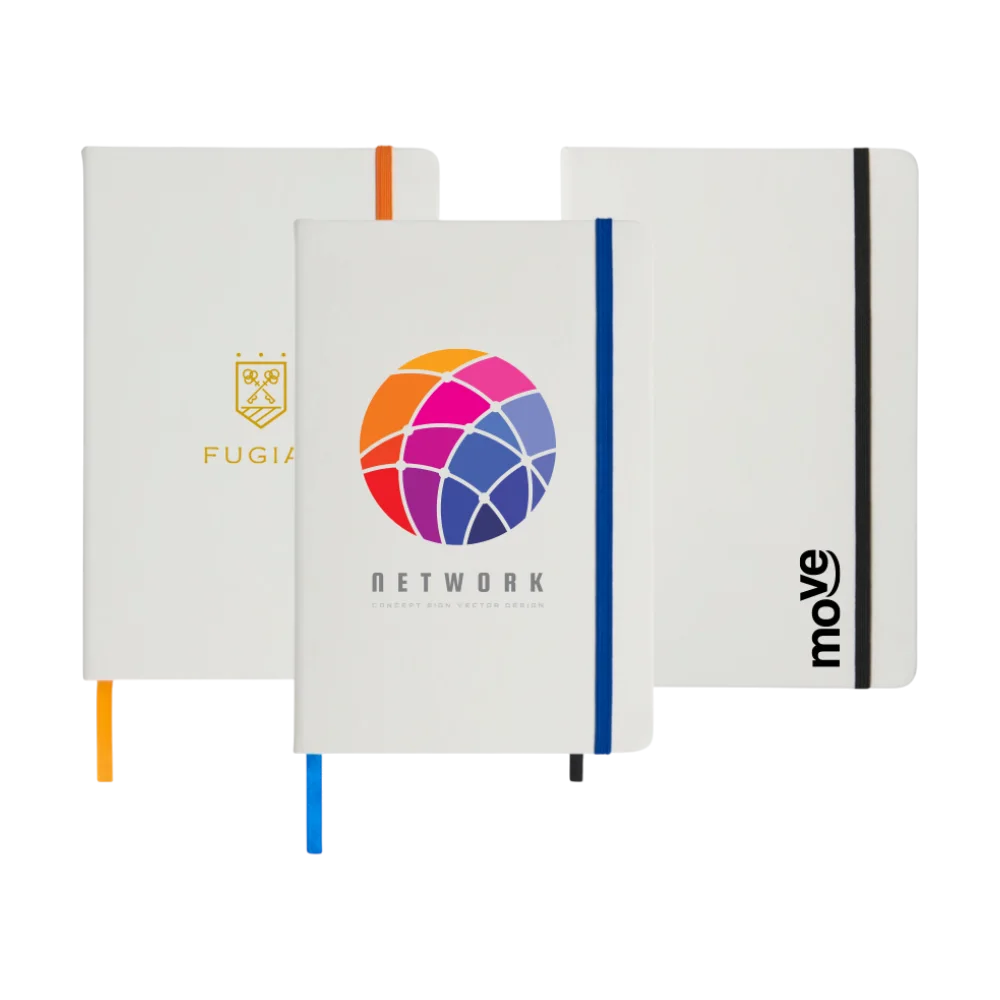 Three white A5 notebooks with orange, blue and black coloured straps and prints