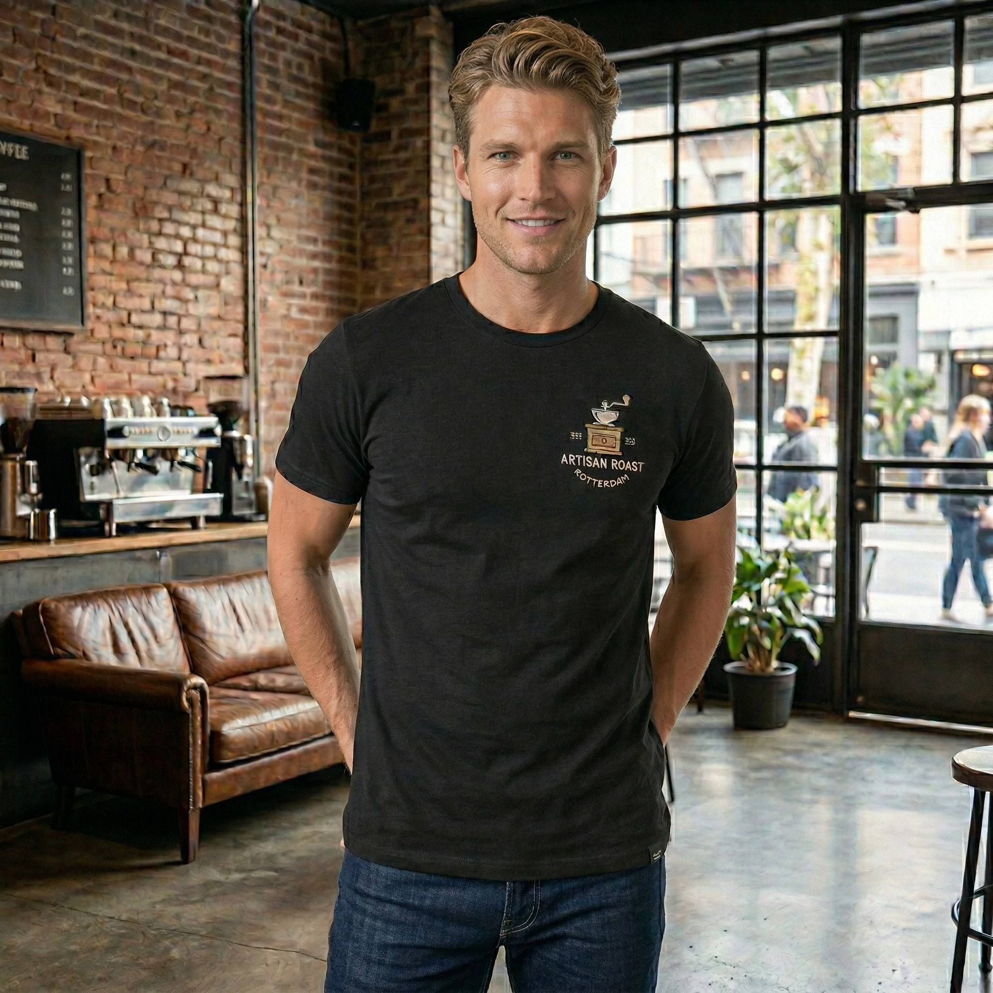 Man in black B&C E190 t-shirt with Artisan Roast Rotterdam print, coffee shop setting