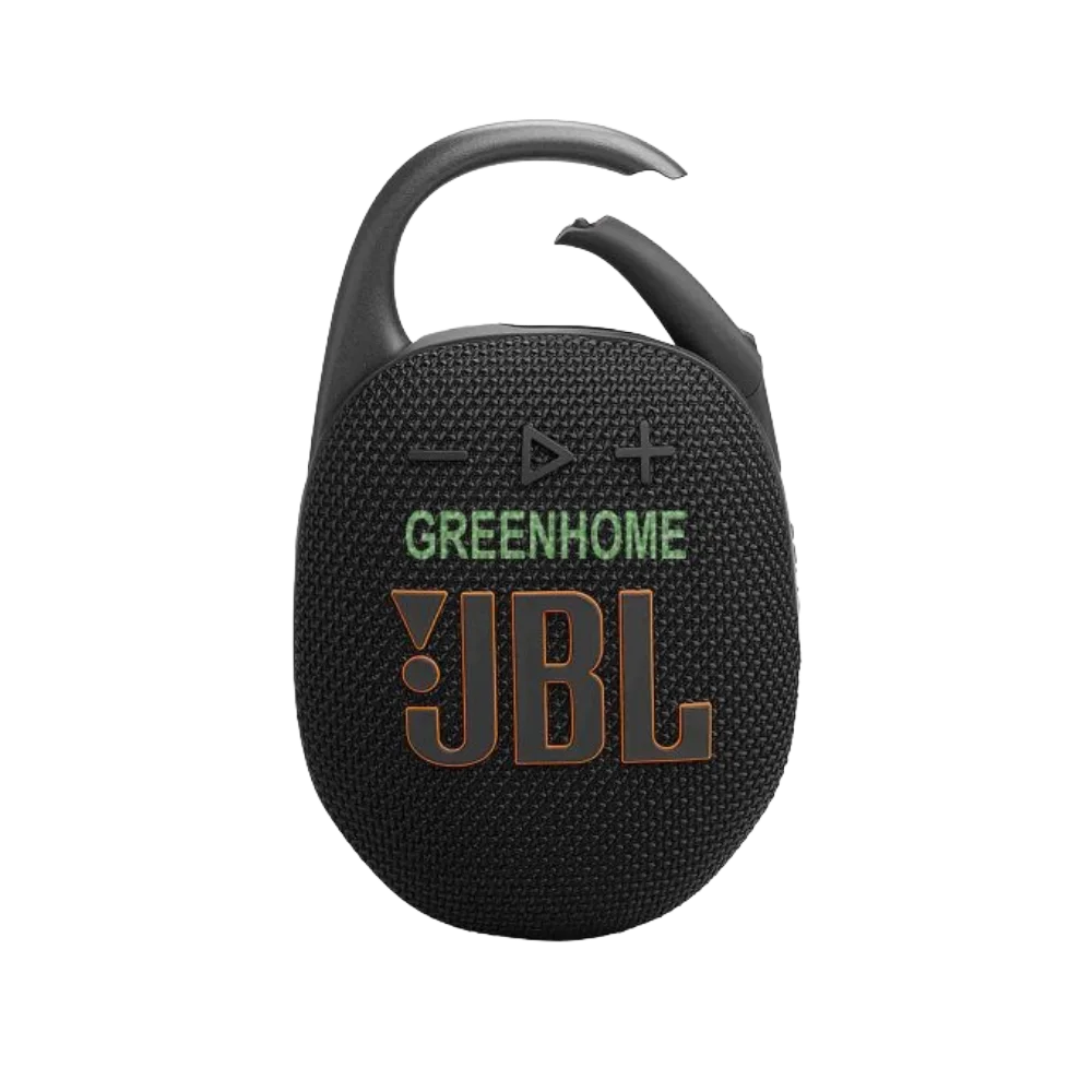 Black JBL Clip 5 portable Bluetooth speaker printed with a green GREENHOME logo