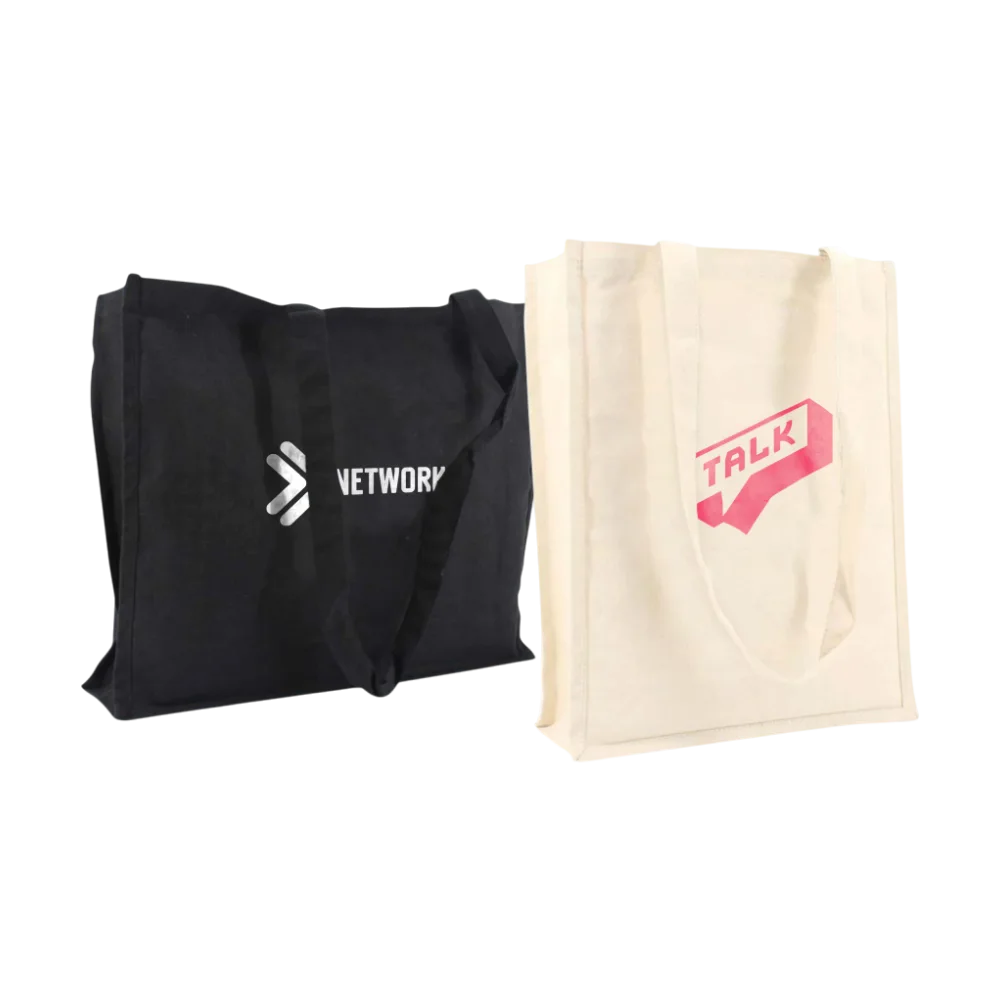Black and beige premium canvas bags with custom printed brand designs