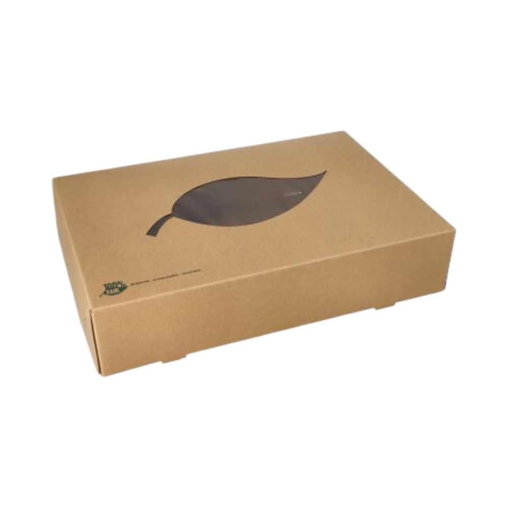 Kartonnen cateringdozen met PLA venster  35,7 x 24,7 x 8 cm