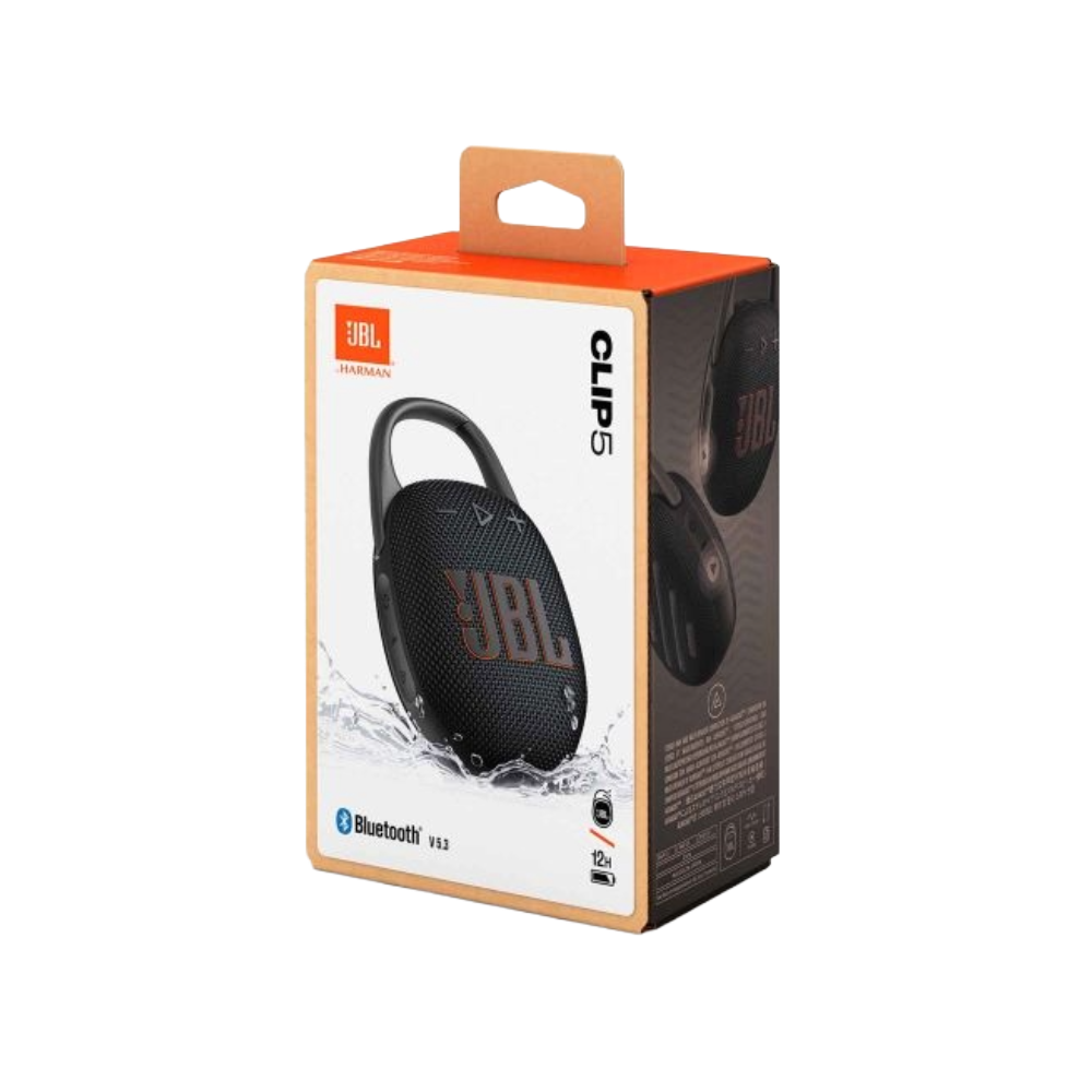 Emballage commercial JBL Clip 5 avec photo du produit et caractéristiques Bluetooth