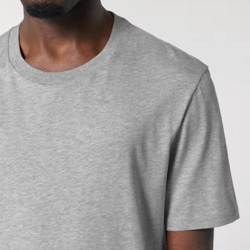 Close-up of heather grey Stanley/Stella Creator 2.0 cotton t-shirt at the neckline