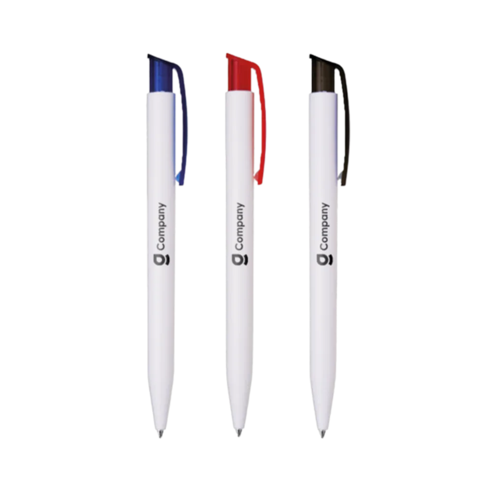 Tre penne Budget con corpo bianco e clip blu, rossa e nera con logo