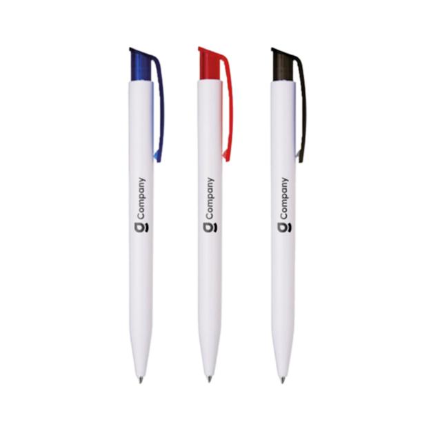 Three Budget Pens with white bodies and blue, red and black clips with logo print
