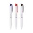 Three Budget Pens with white bodies and blue, red and black clips with logo print
