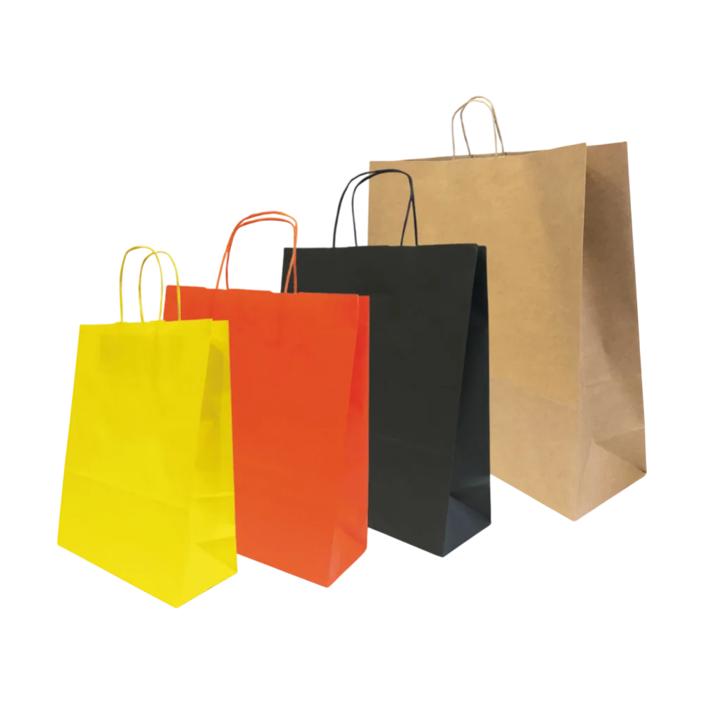 Four budget paper bags in yellow, orange, black and kraft brown with twisted handles