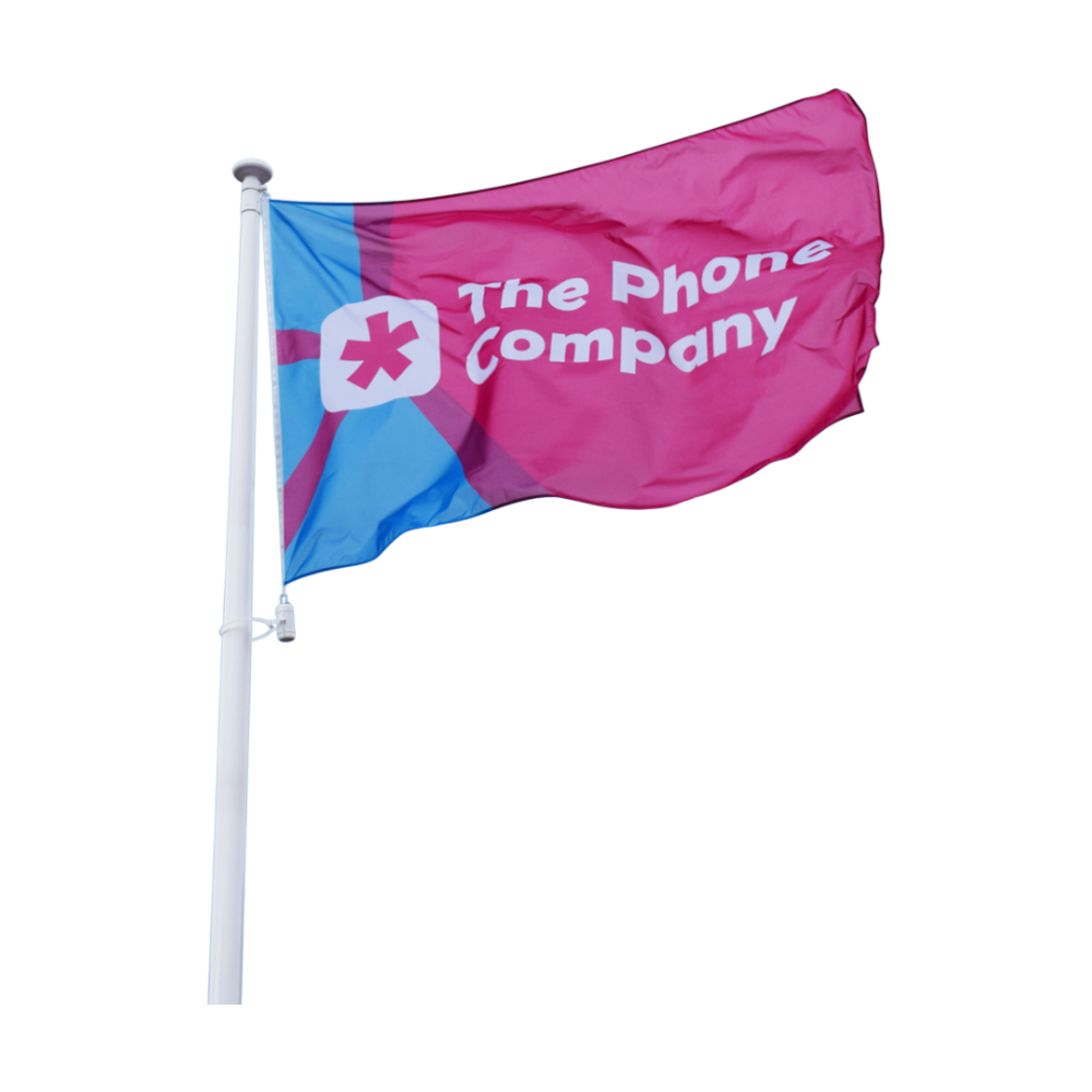 Custom-size printed flag with personalised brand logo on flagpole