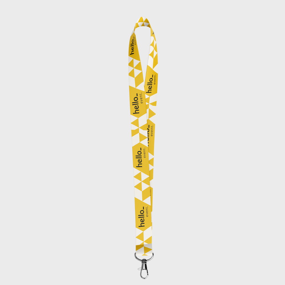 Yellow lanyard with white triangle pattern and black hello event print