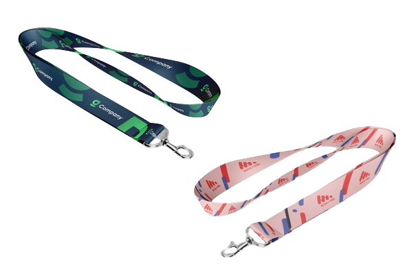 Two printed lanyards with full-colour logo designs in navy and pink