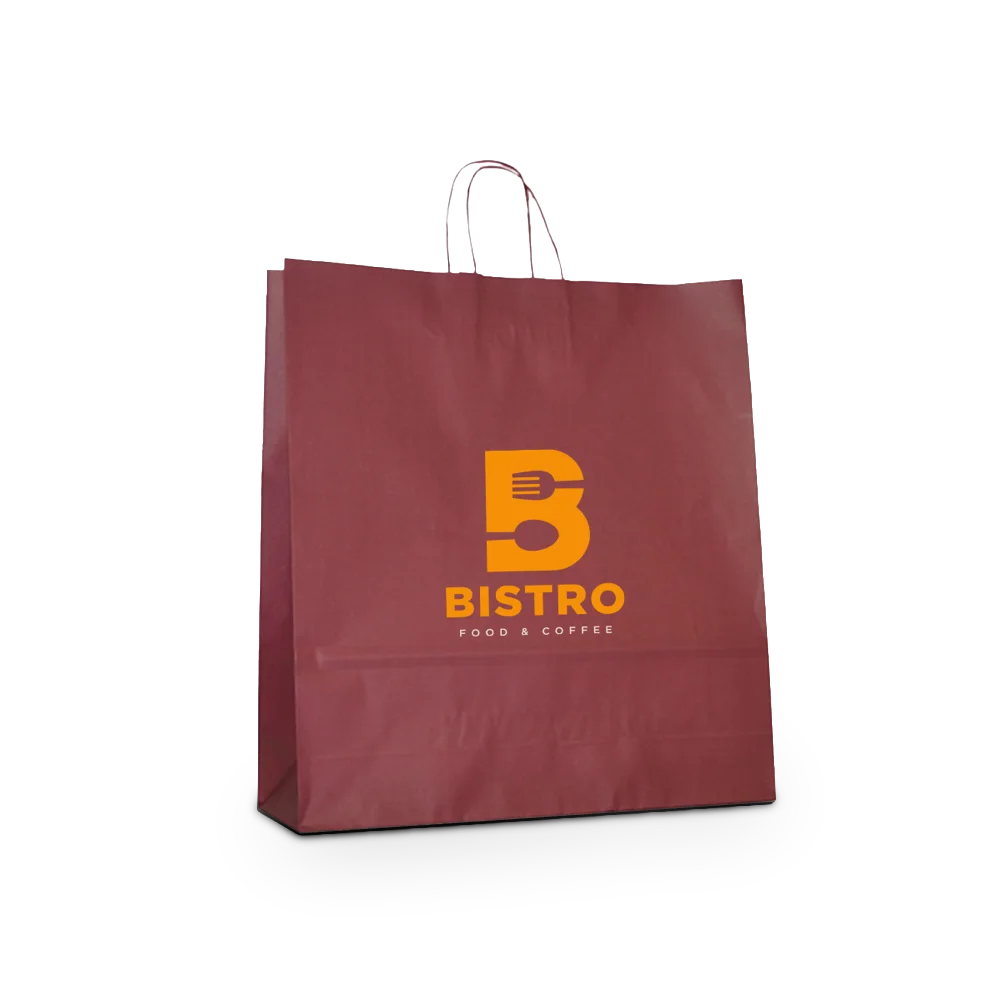 Busta in carta kraft bordeaux con logo arancione Bistro Food and Coffee