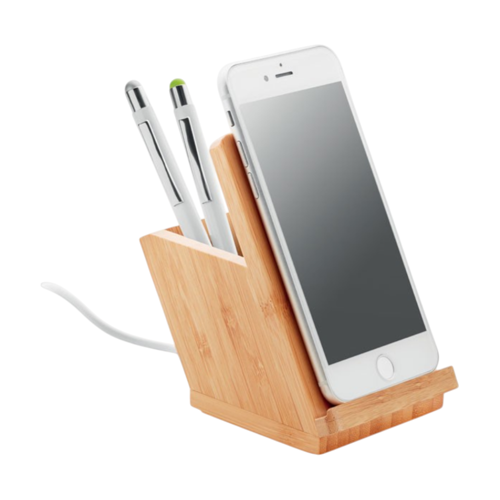 Cargador inalámbrico de bambú con portabolígrafos
