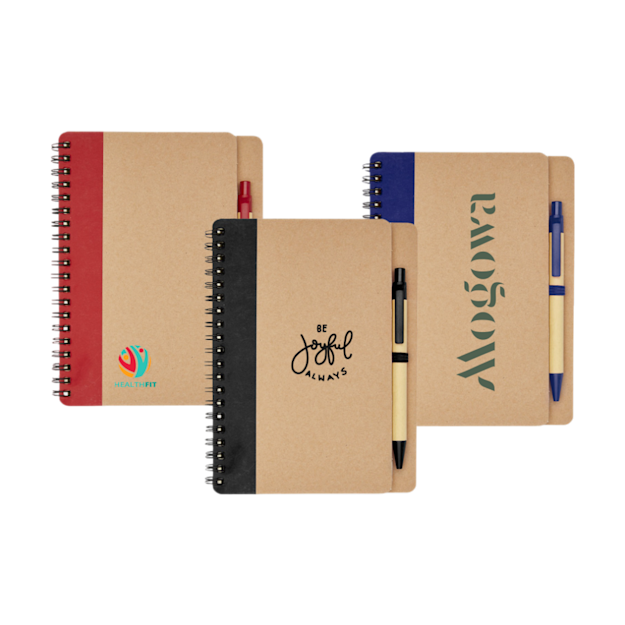 Three recycled spiral notebooks with red, black and blue spines and custom logos