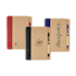 Three recycled spiral notebooks with red, black and blue spines and custom logos