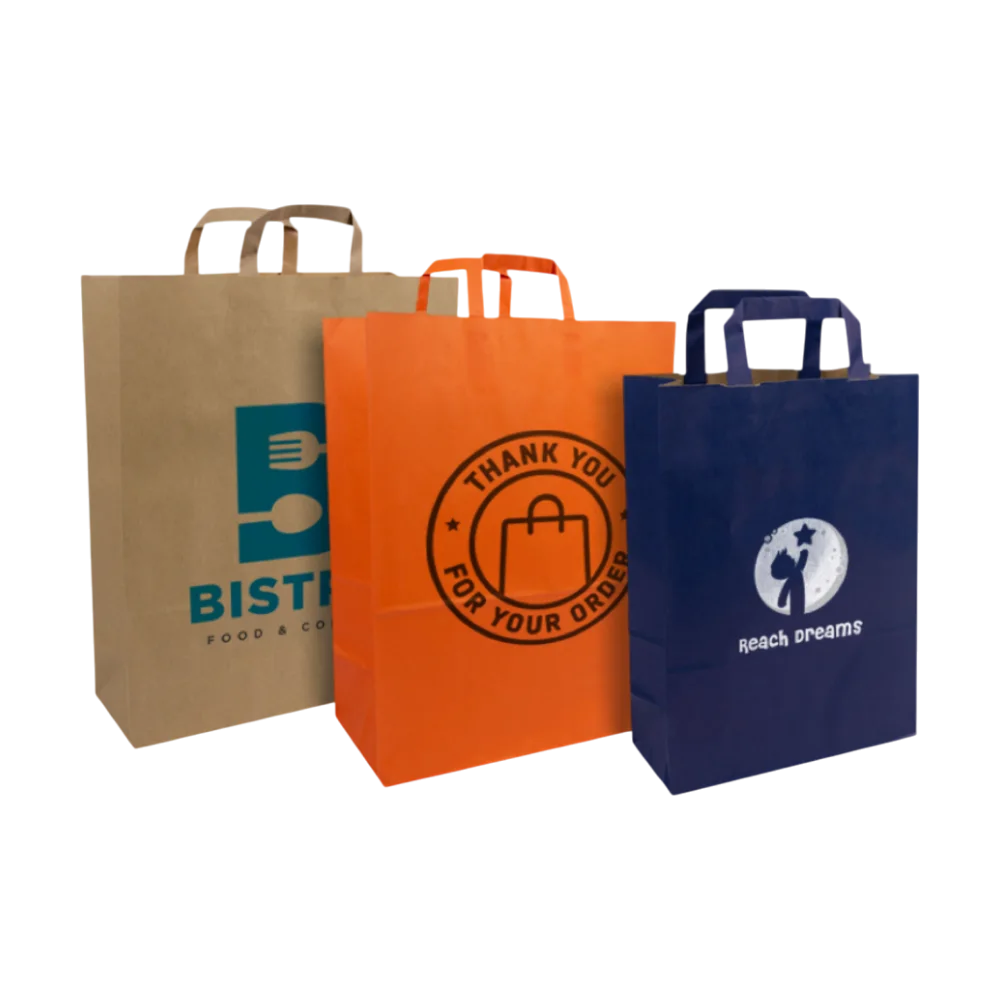 Three flat-handle paper bags in kraft, orange and navy blue with sample brand prints