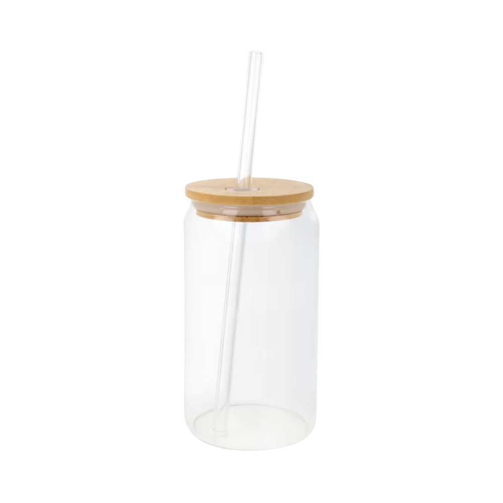 Glas met bamboe deksel en rietje 450 ml