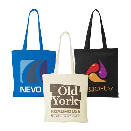 Three printed cotton tote bags with long handles - blue with NEVO logo, black with go-tv logo, natural with Old York Roadhouse print