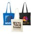 Three printed cotton tote bags with long handles - blue with NEVO logo, black with go-tv logo, natural with Old York Roadhouse print