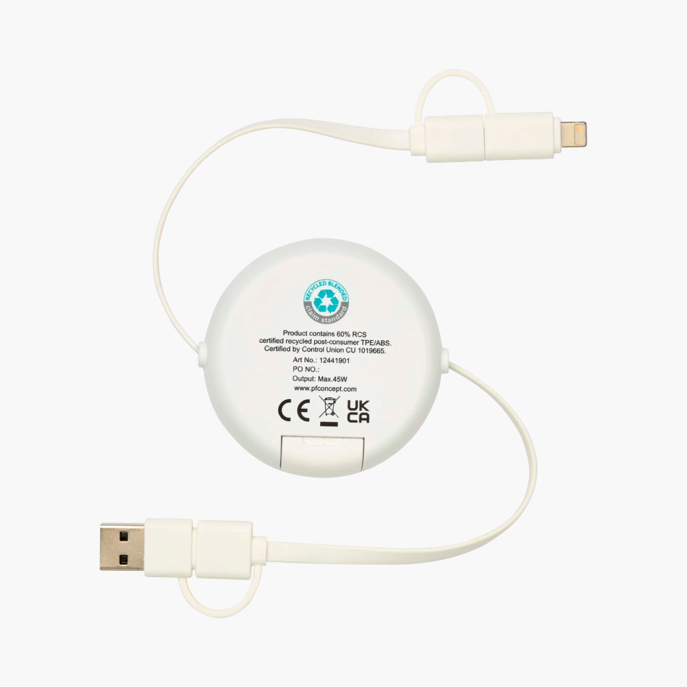 PDP - chechia5in1recycledplastic100cmretractabledatasyncand45wfastchargecable square #F8F8F8 background