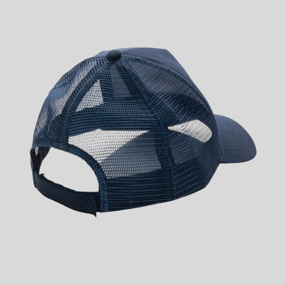 Back view of a navy blue trucker cap showing the mesh panels and strap
