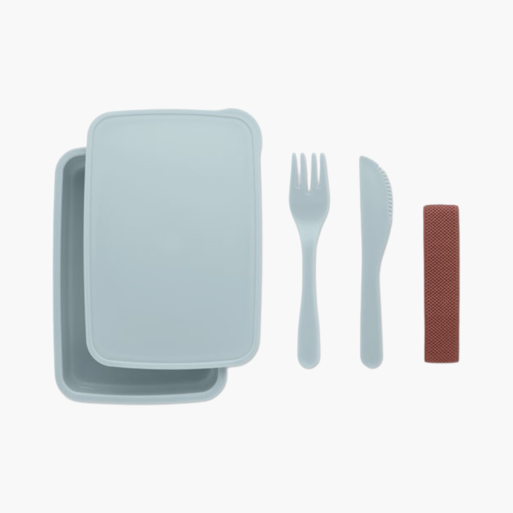 Pale blue PP Sunday lunch box with lid removed, cutlery and rust elastic strap