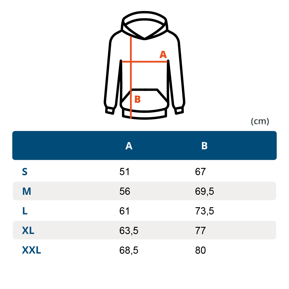 Size chart for the Classic Hooded Sweat with measurements in centimetres