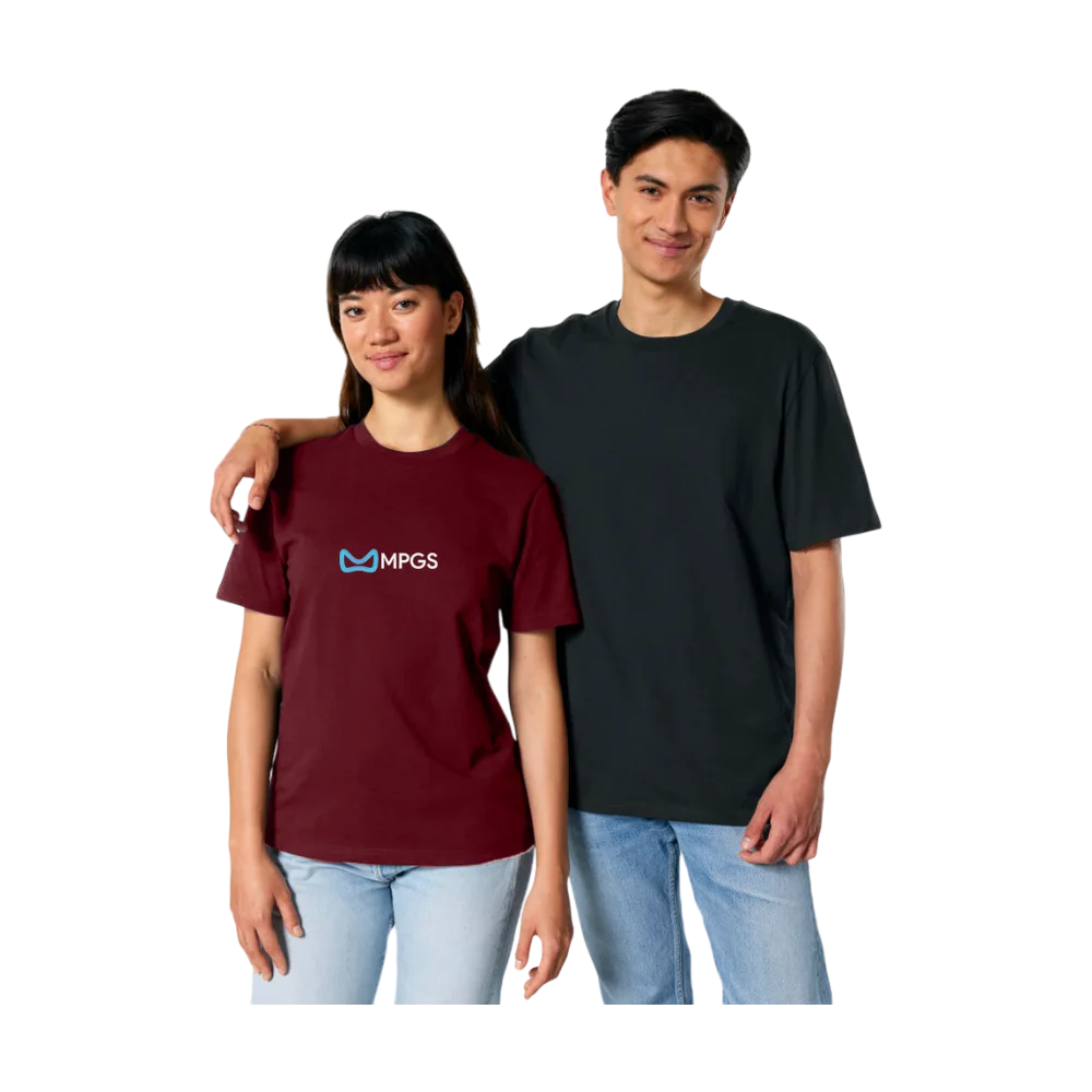 Couple wearing burgundy and black Stanley/Stella Creator 2.0 cotton t-shirts