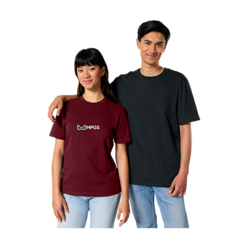Couple wearing burgundy and black Stanley/Stella Creator 2.0 cotton t-shirts